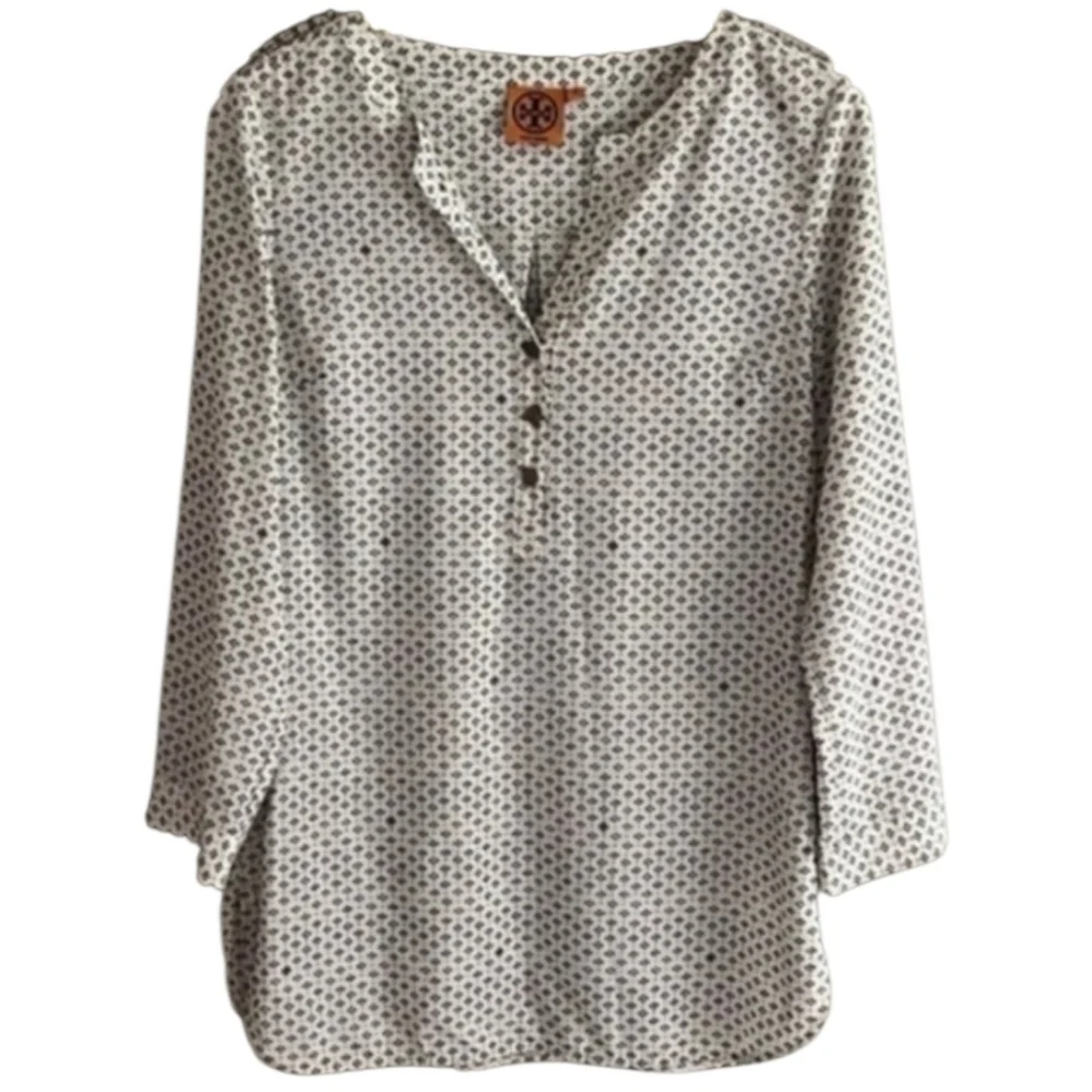 Tory Burch Silk Tunic Blouse In Ivory & Brown - Size 2